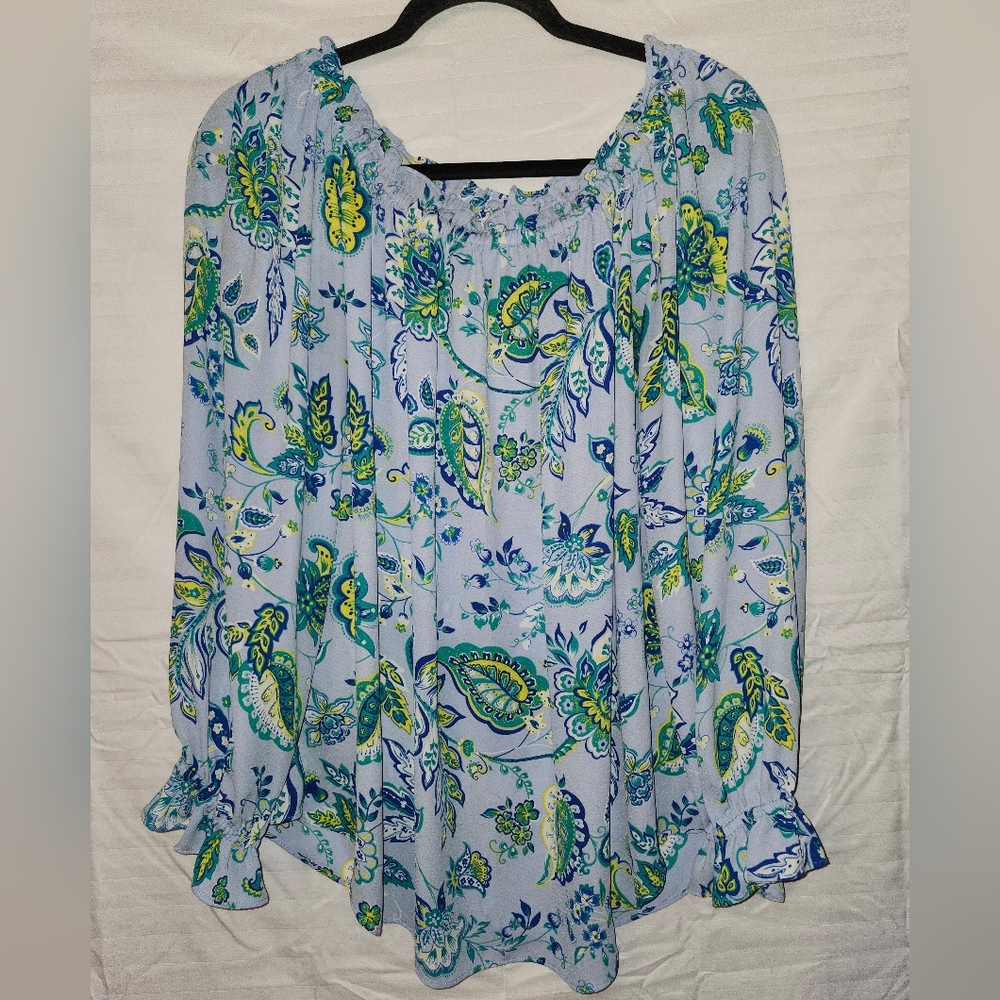 Talbots Top Womens XL Blue Green Floral Long Sleeve Chiffon Artsy Popover Boho